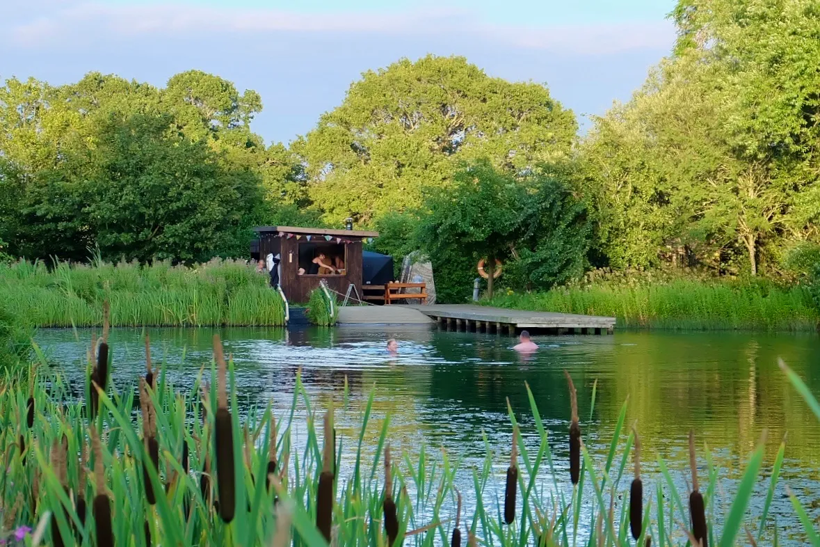 Summer evening at the lake: the sauna beside the jetty, two swimmers in the water and bulrushes in front
